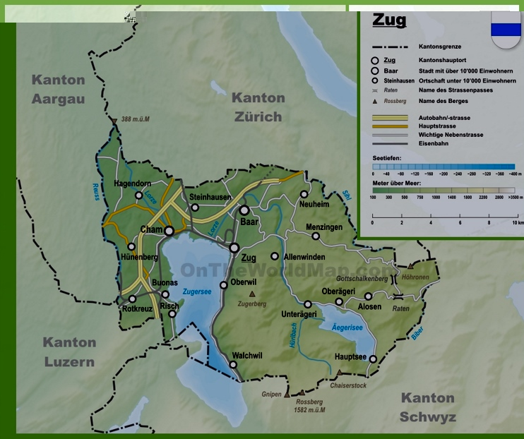 Canton of Zug map with cities and towns
