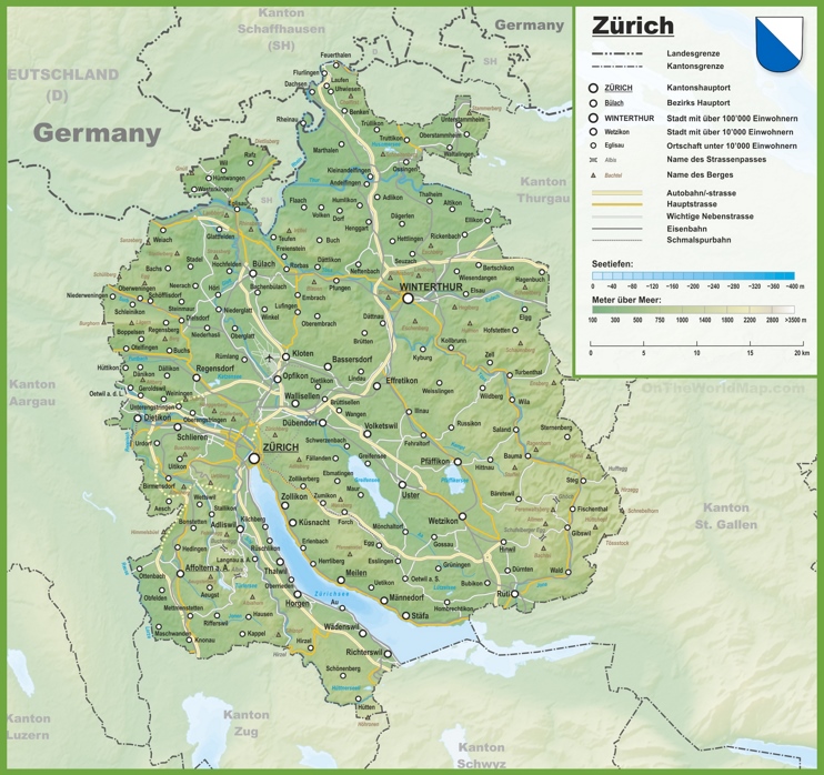Canton of Zürich map with cities and towns
