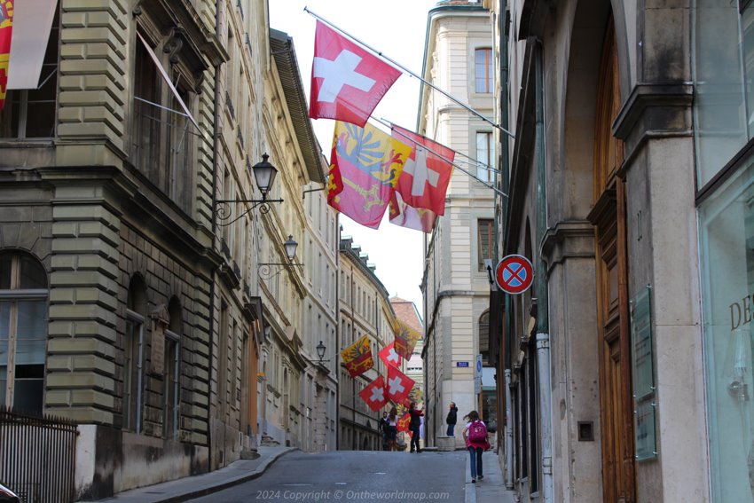 Streets of Geneva with flags