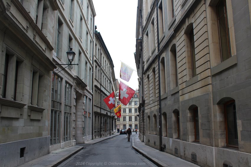 Streets of Geneva with flags