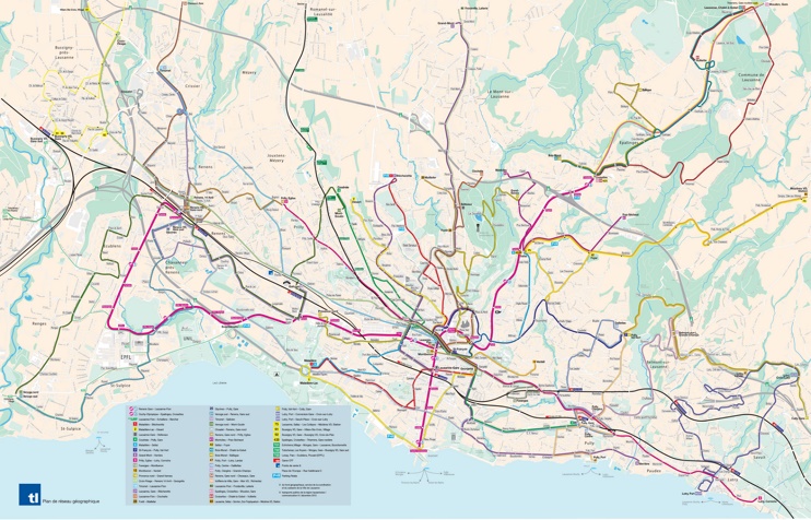 Large detailed transport map of Lausanne