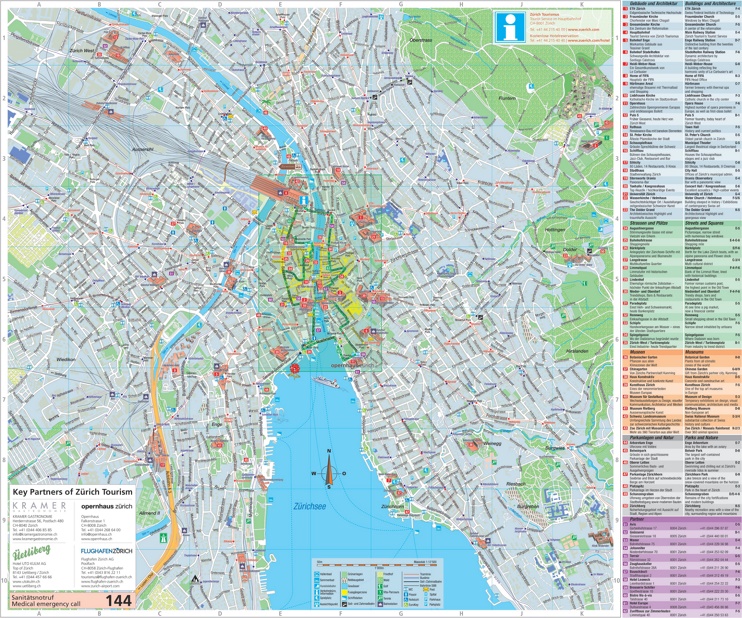 Large detailed tourist map of Zürich
