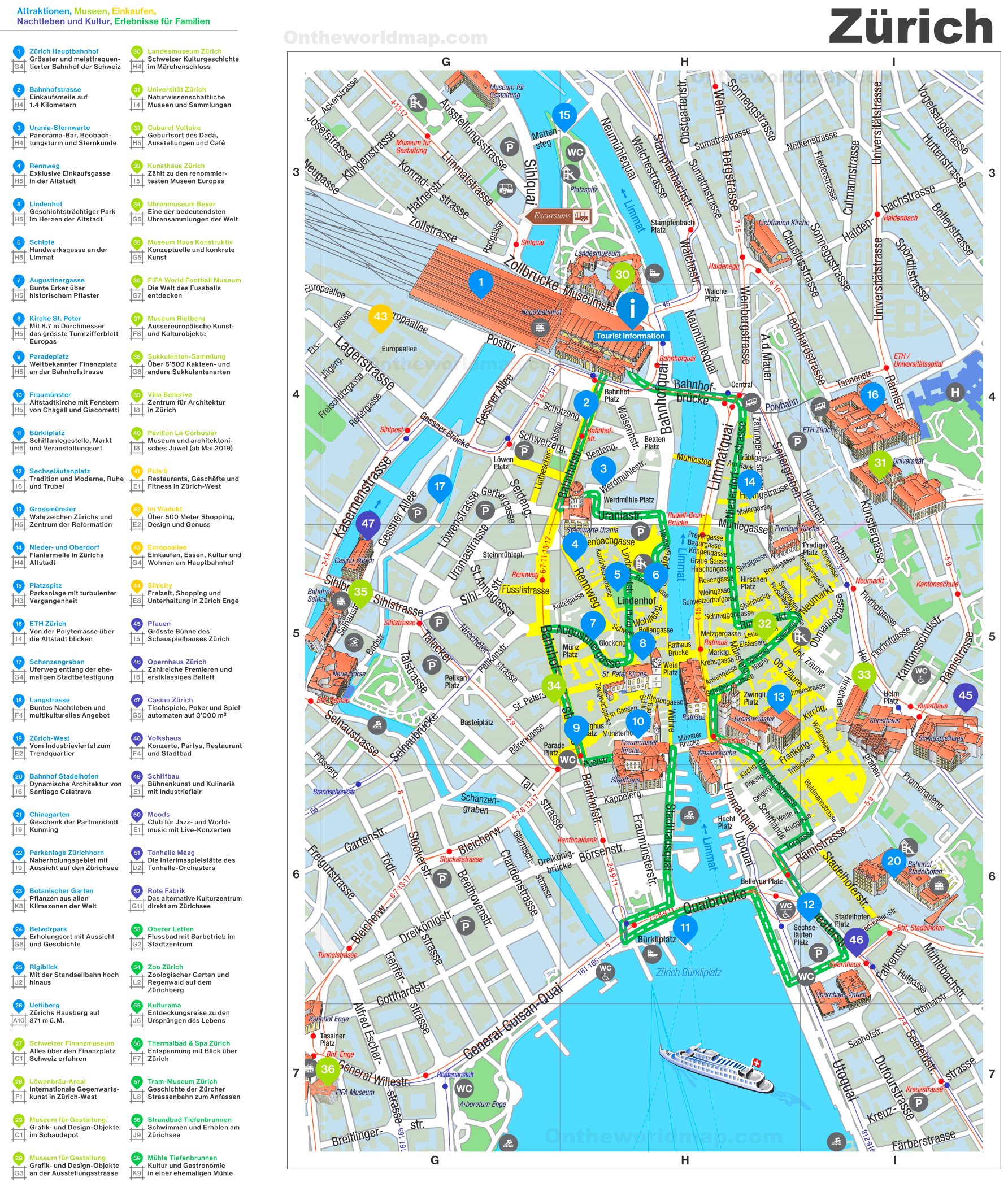 Free Zurich city map with sights to download