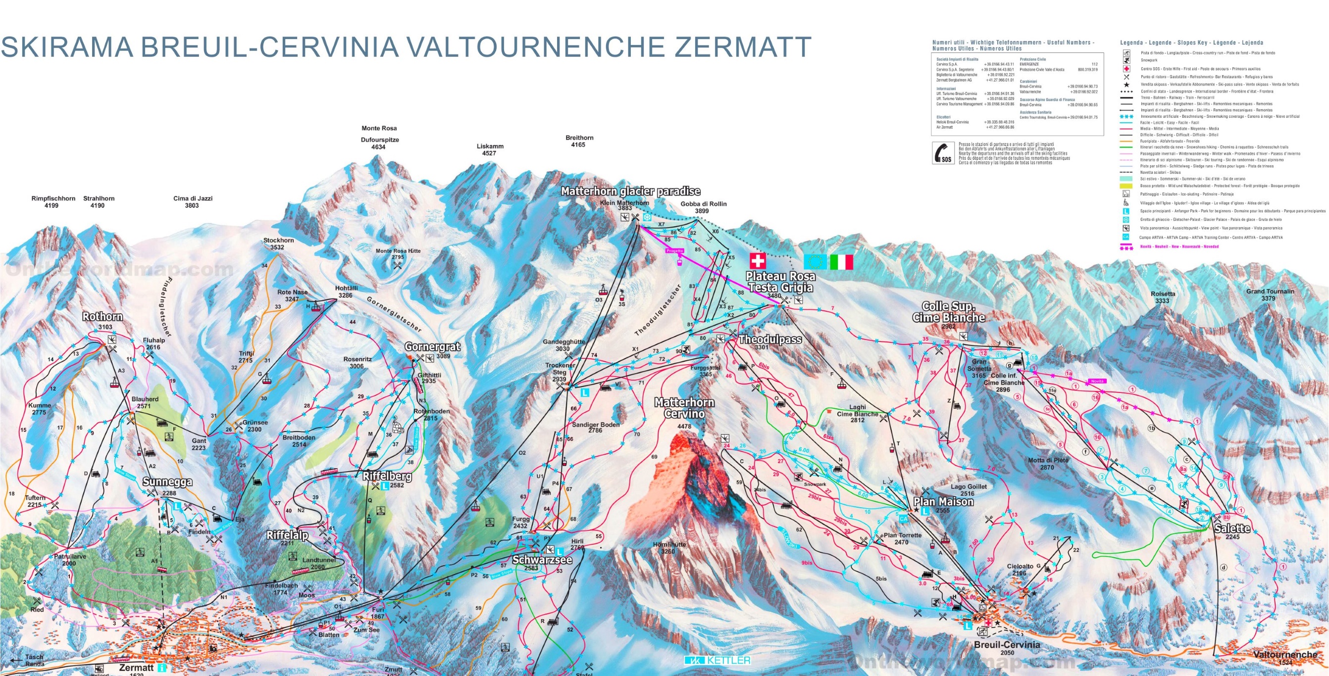 Zermatt Cervinia Piste Map Ontheworldmap Zermatt Cervinia Piste Map Ontheworldmap