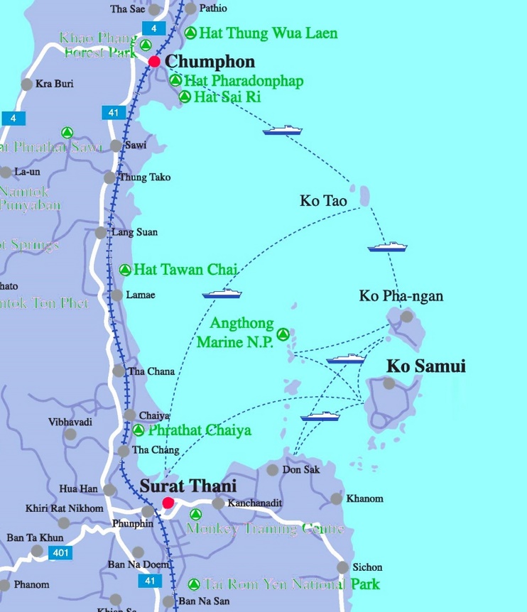 Map of Koh Samui, Ko Phangan and Koh Tao area