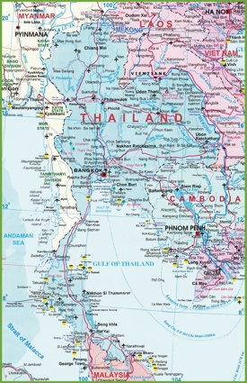 Large detailed map of Thailand with airports resorts and beaches