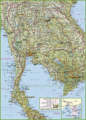 Large detailed map of Thailand with cities and towns