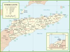 Large detailed political map of East Timor with cities and towns