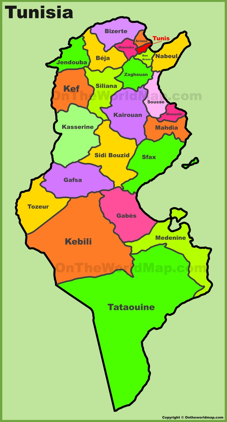 Administrative divisions map of Tunisia