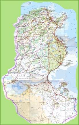 Large detailed map of Tunisia with cities and towns