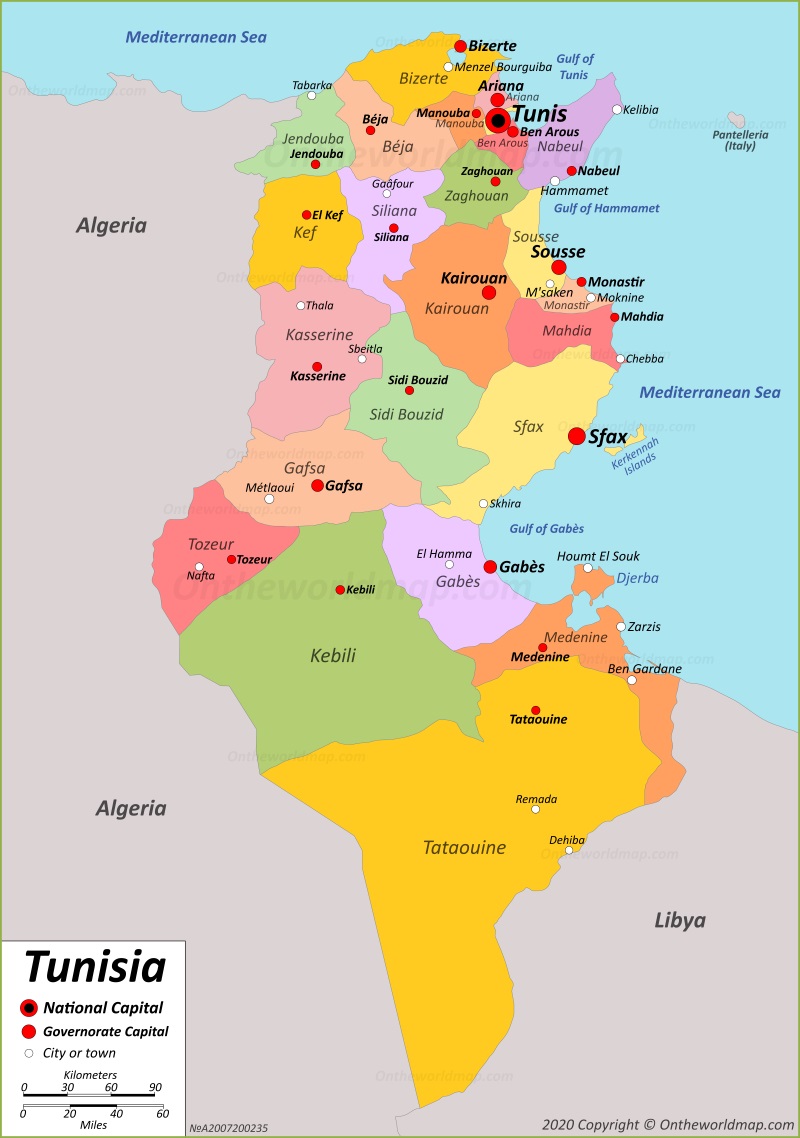 Tunisia Political Map with capital Tunis, national borders, most ...