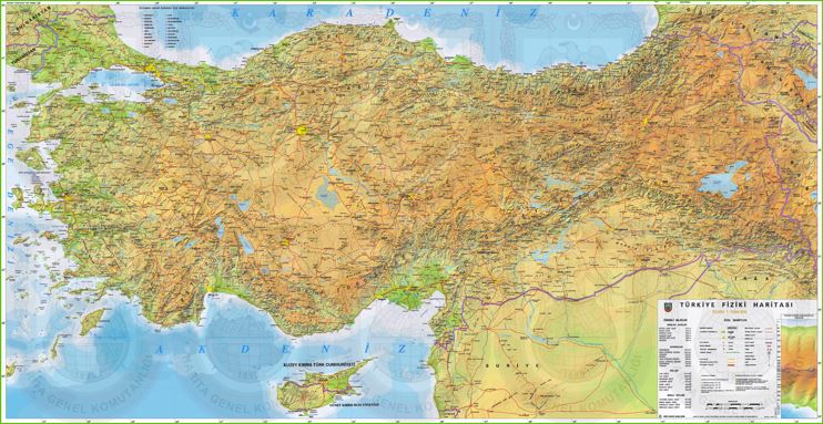 Large detailed physical map of Turkey