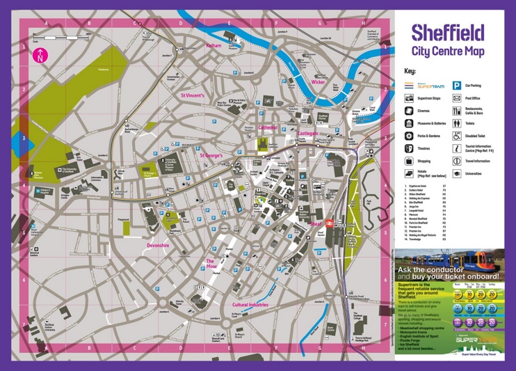 Sheffield hotels and sightseeings map