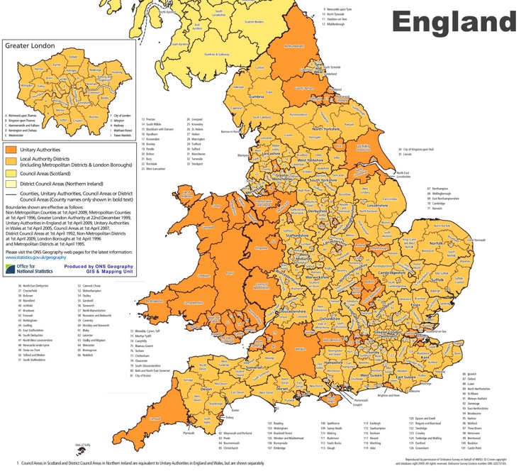 Administrative divisions map of England