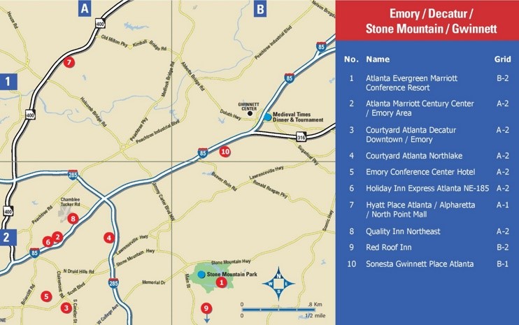 Emory, Decatur, Stone Mountain and Gwinnett hotel map