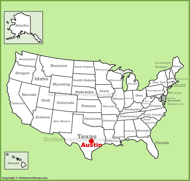 Austin location on the U.S. Map
