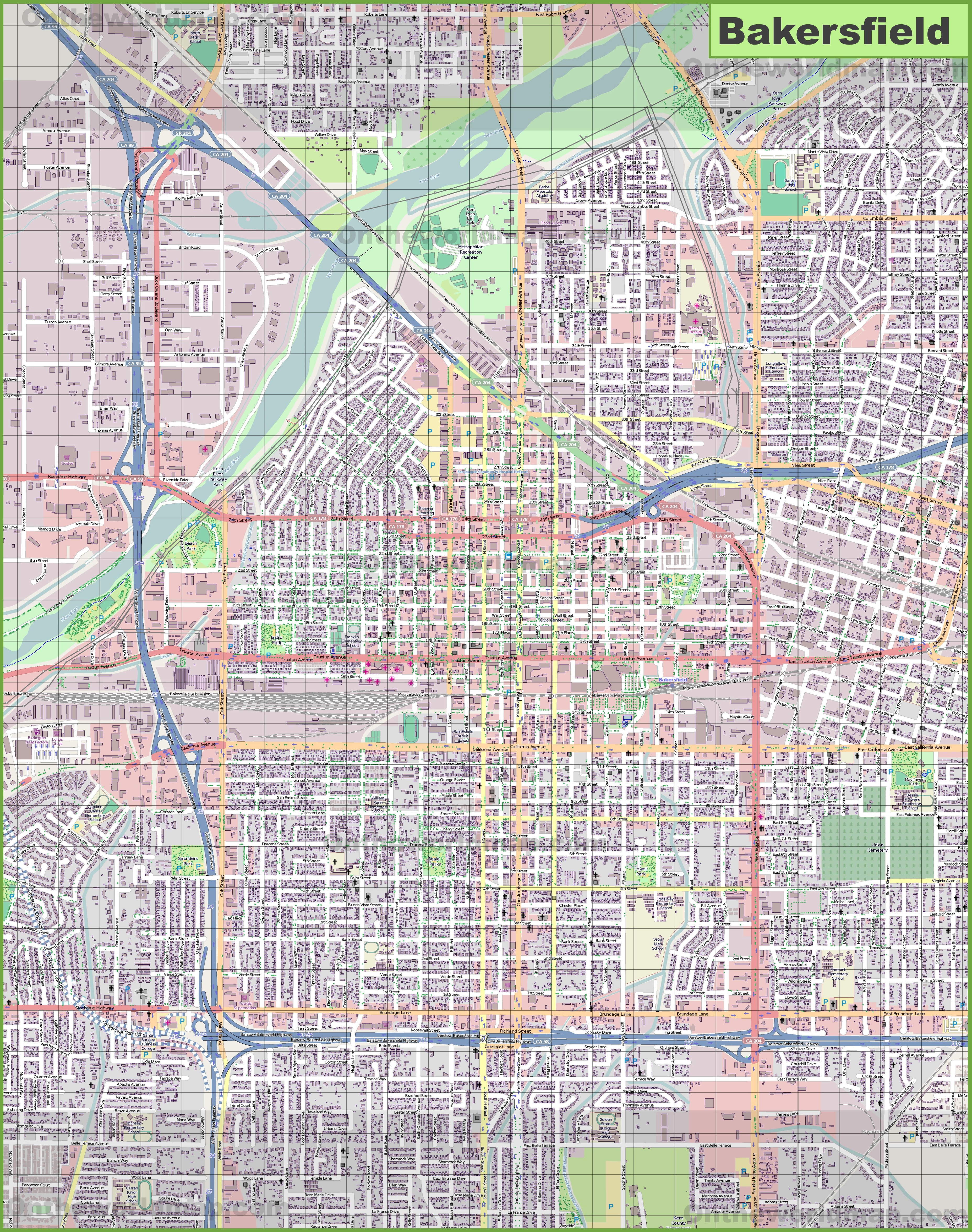 Large detailed map of Bakersfield.