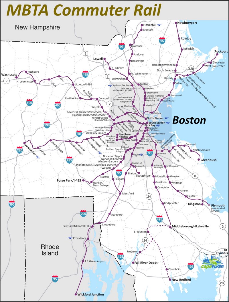 Map of MBTA Commuter Rail and Highways