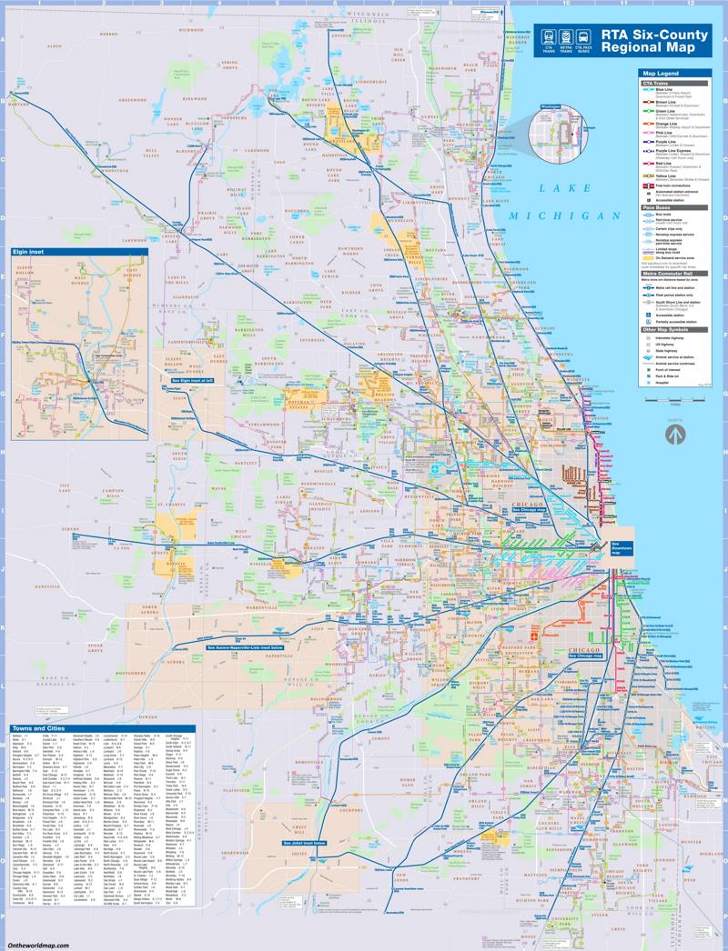 Chicago area CTA, Metra and bus map