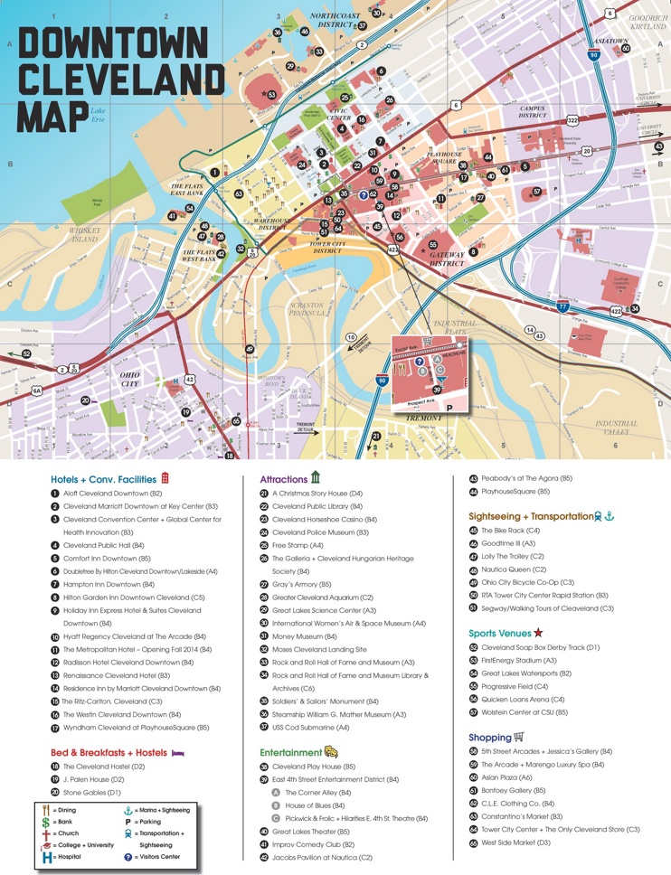 Cleveland hotels and sightseeings map