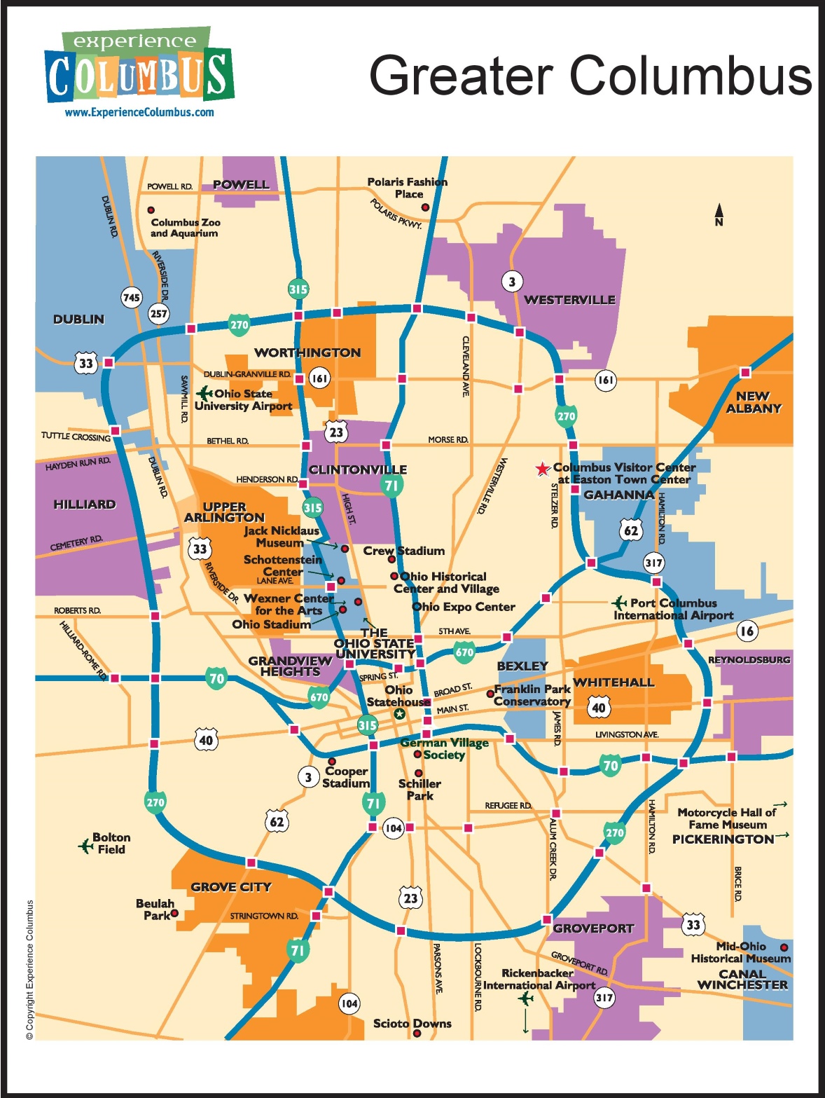 A map of Greater Columbus which highlights the major roads, neighborhoods, and towns around Columbus.