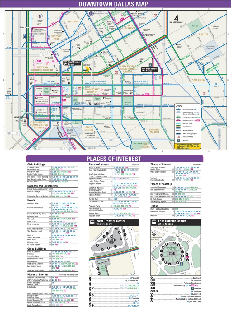 Downtown Dallas transport, hotel and sightseeing map