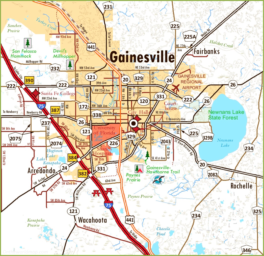 Gainesville Area Road Map Ontheworldmap Com   Gainesville Area Road Map 