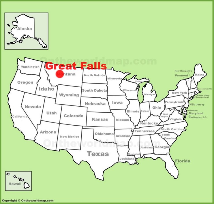 Great Falls location on the U.S. Map