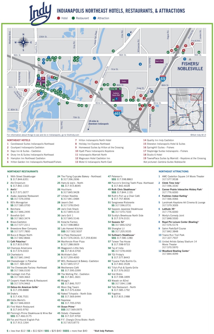 NorthEast Indianapolis hotels and sightseeings map