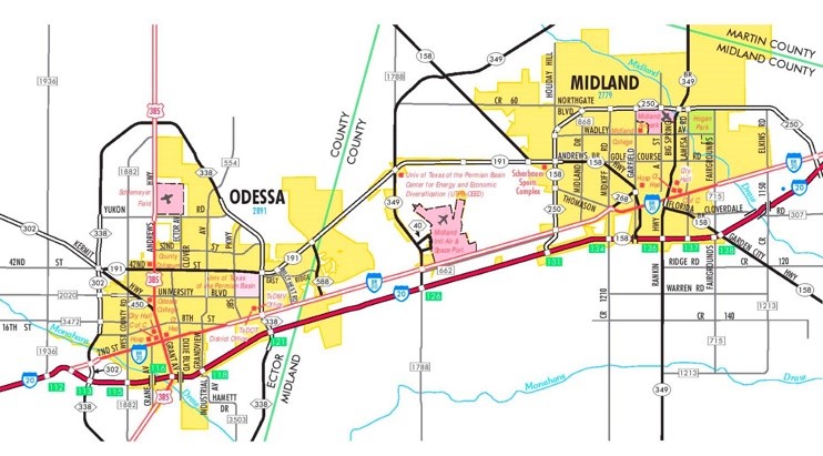 Midland and Odessa road map