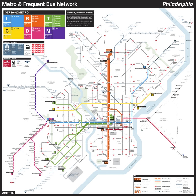 Philadelphia Metro And Frequent Bus Network Map