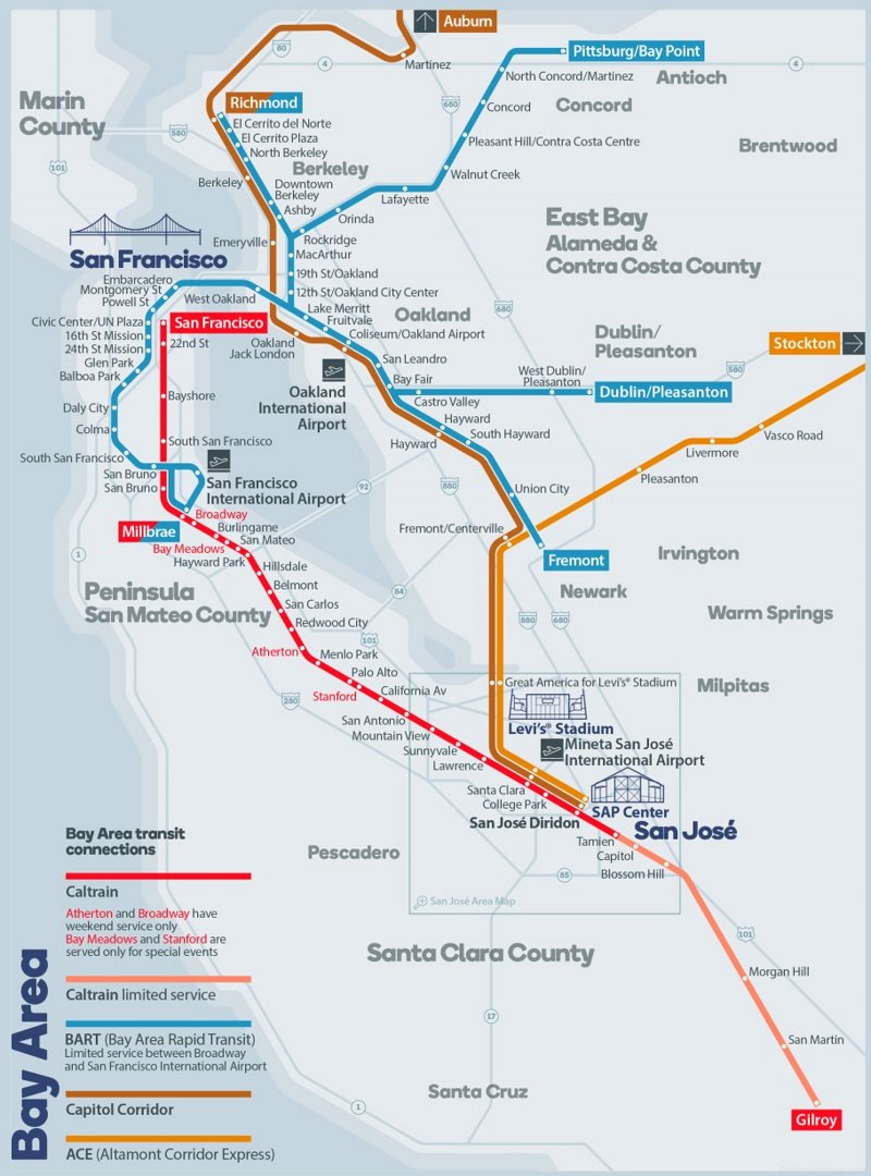 San Francisco Bay Area Rail Map - Ontheworldmap.com