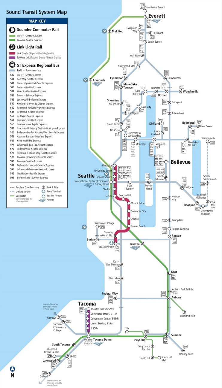 Seattle express bus, rail and light rail map