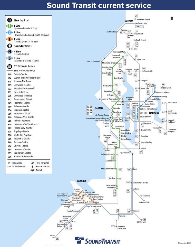 Seattle Express Bus, Rail, and Light Rail Map