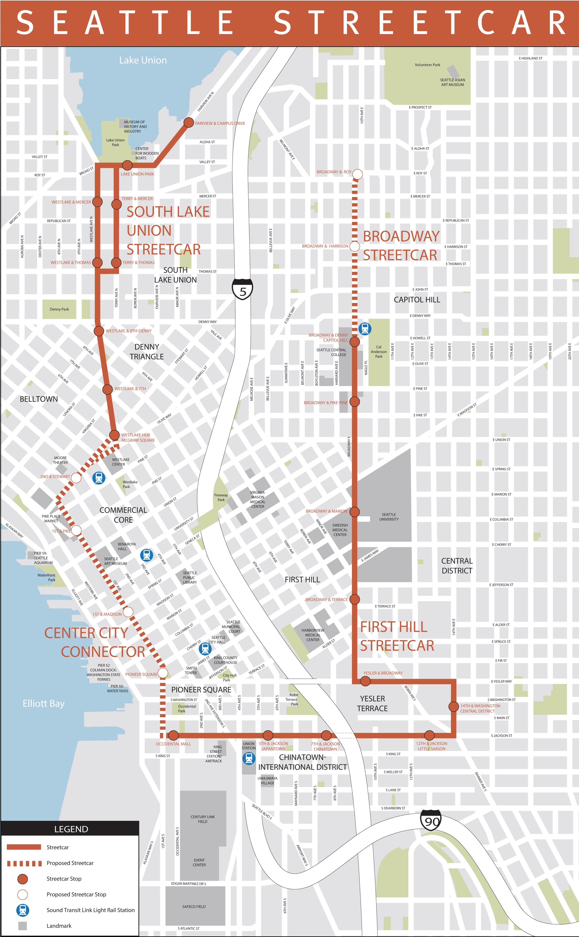 Seattle streetcar map - Ontheworldmap.com