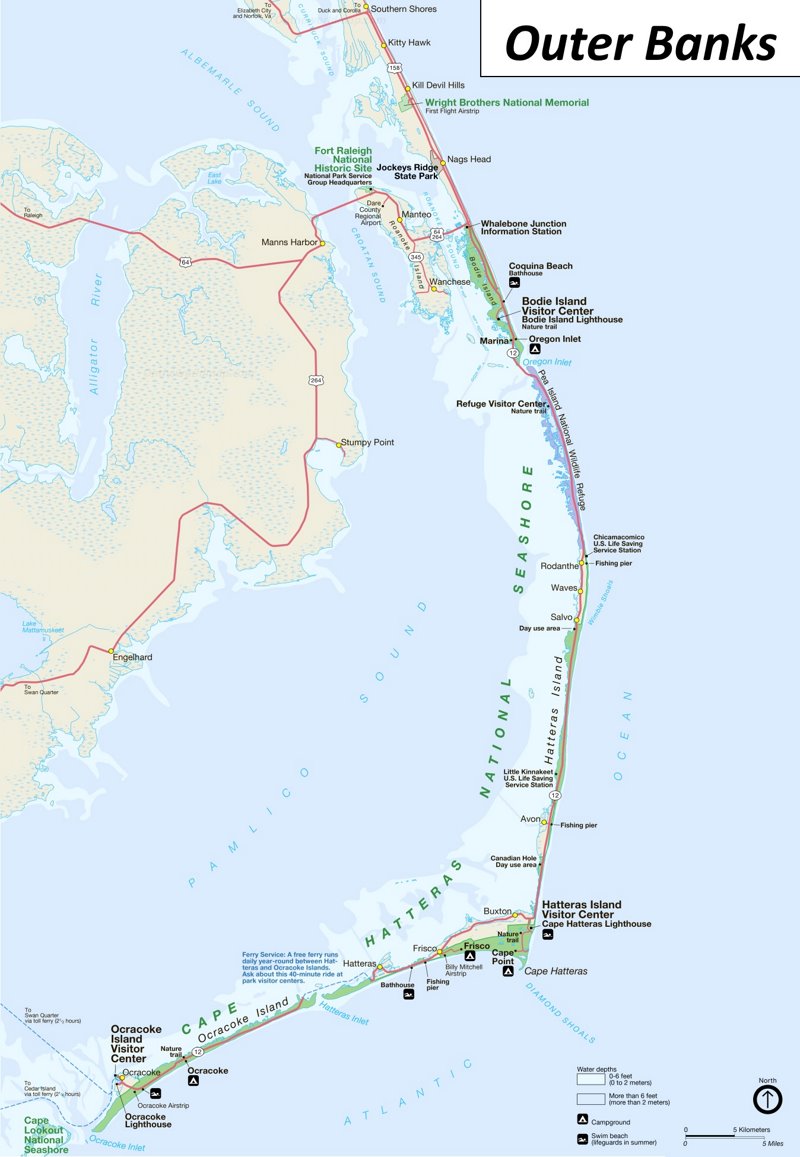 Map of The Outer Banks North Carolina, U.S. List of Islands and