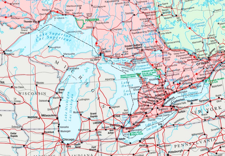 Large detailed map of Great Lakes