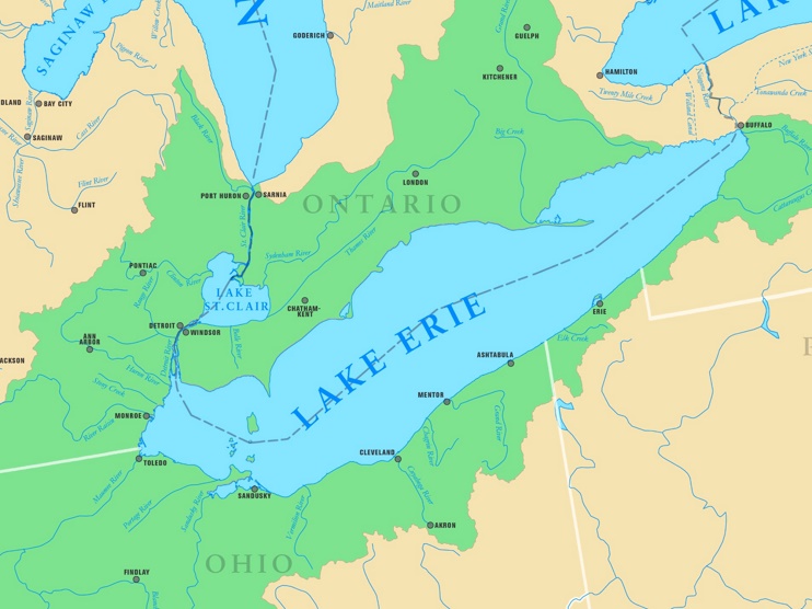 Map of Lake Erie with cities and rivers