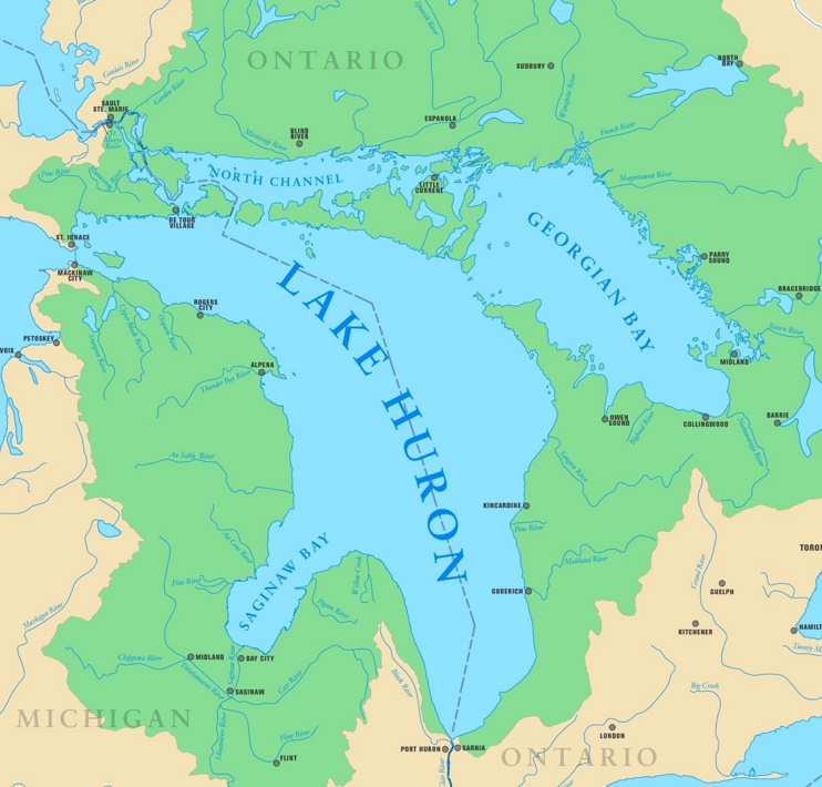 Map of Lake Huron with cities and rivers