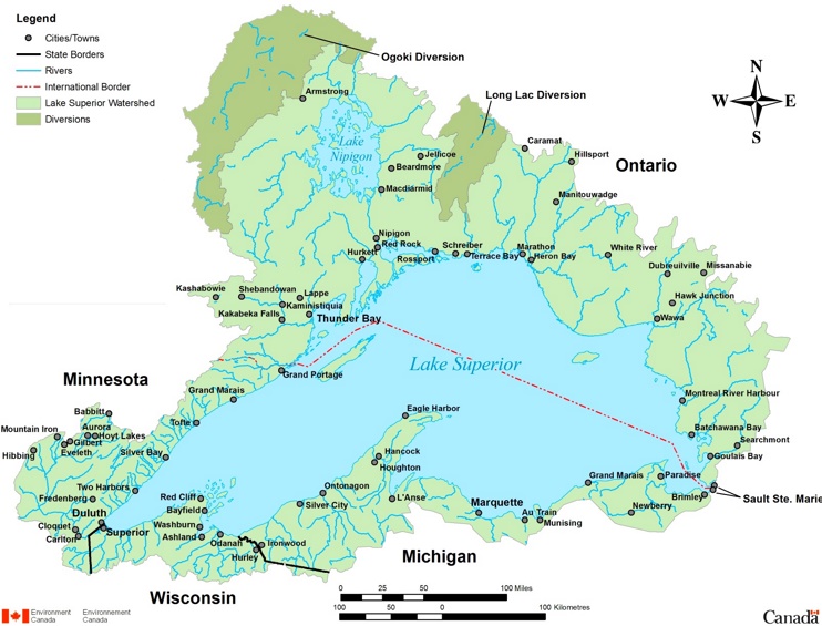 Map of Lake Superior with cities and towns