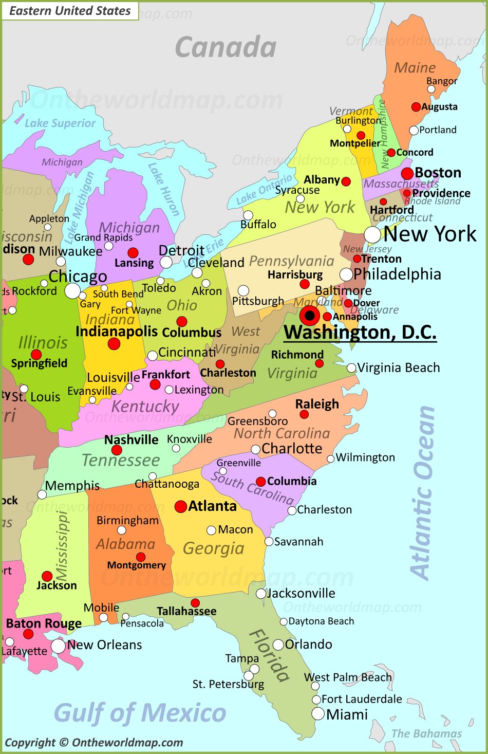 Map Of Eastern United States - Ontheworldmap.com