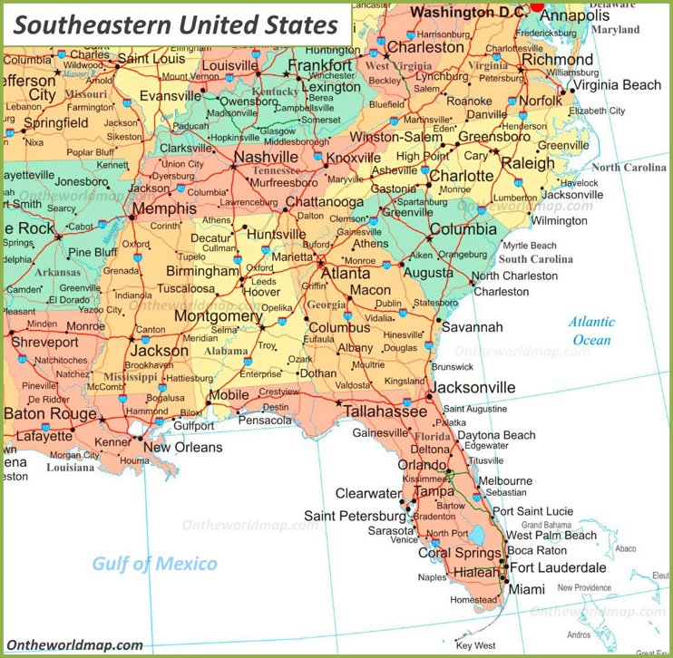 Map Of Southeastern U.S.
