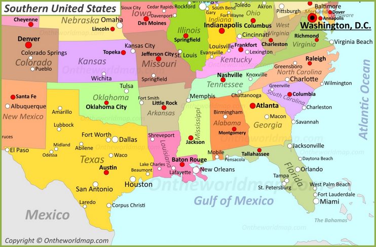 Southern States Map With Cities - United States Map