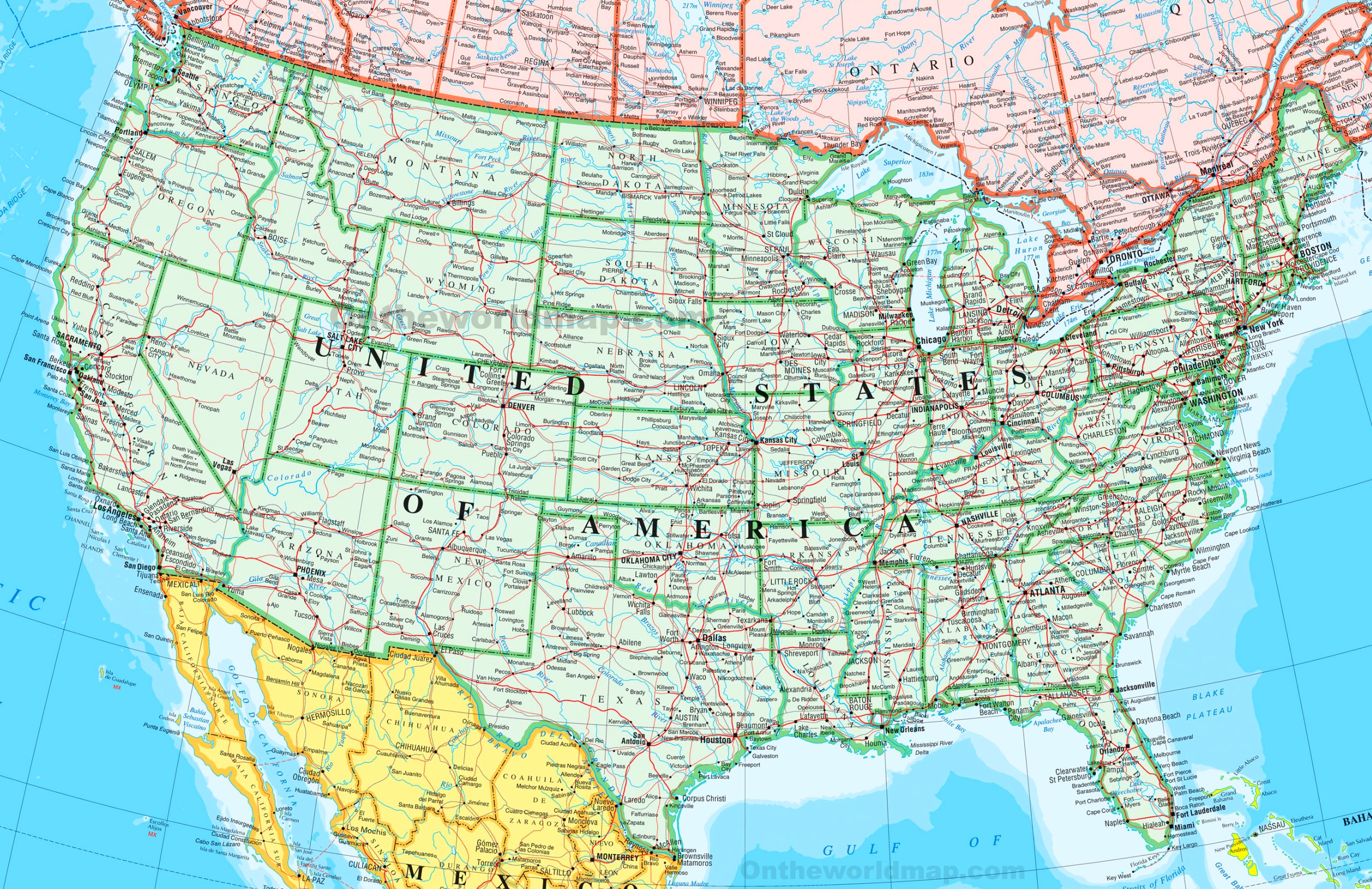 Map of USA with states and cities Ontheworldmap com