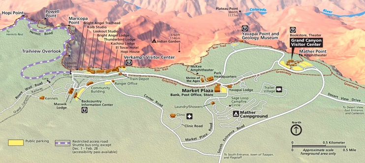 Detailed tourist map of Grand Canyon South Rim