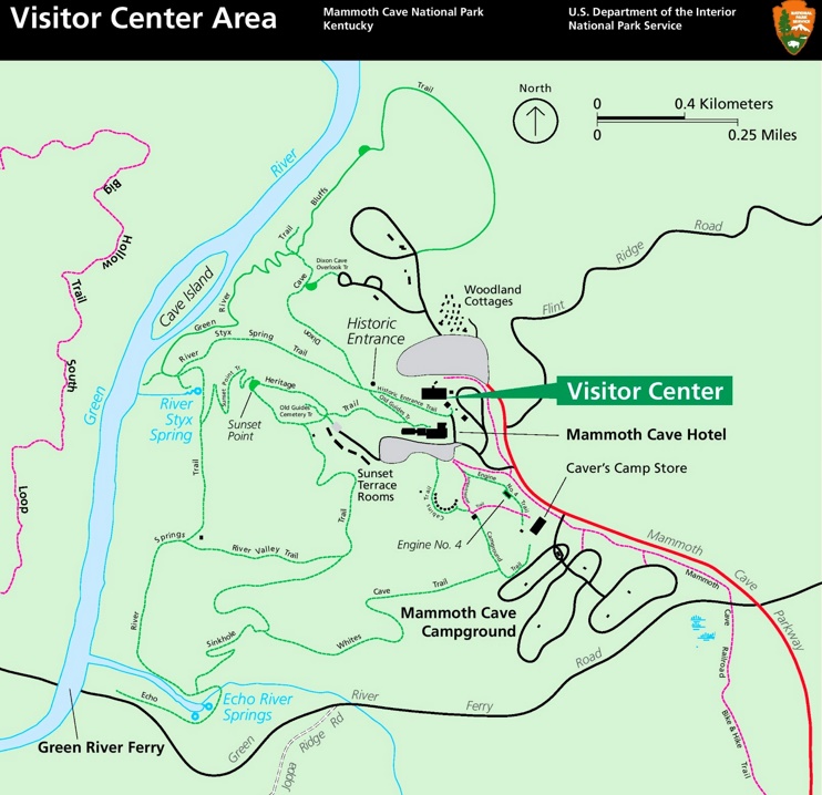 Mammoth Cave visitor center area tourist map