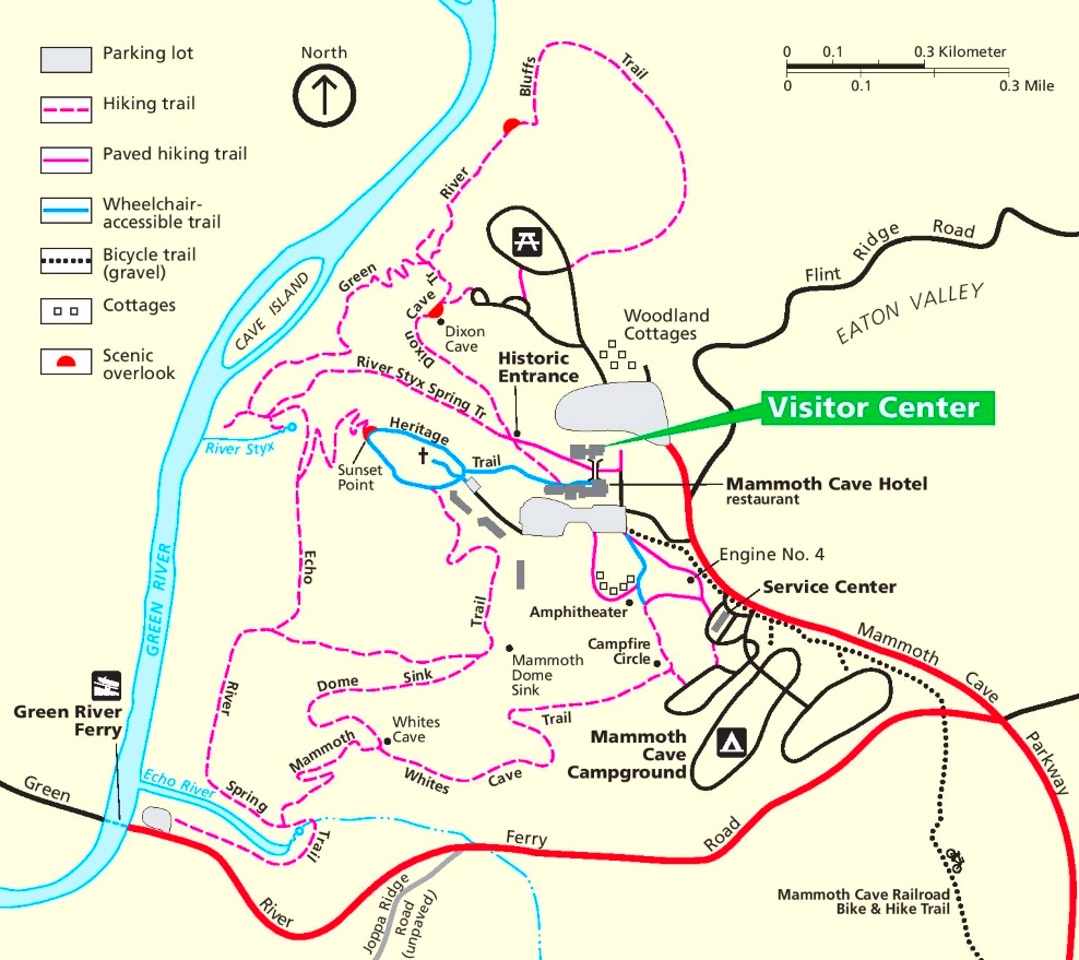 Mammoth Cave visitor center area trail map - Ontheworldmap.com