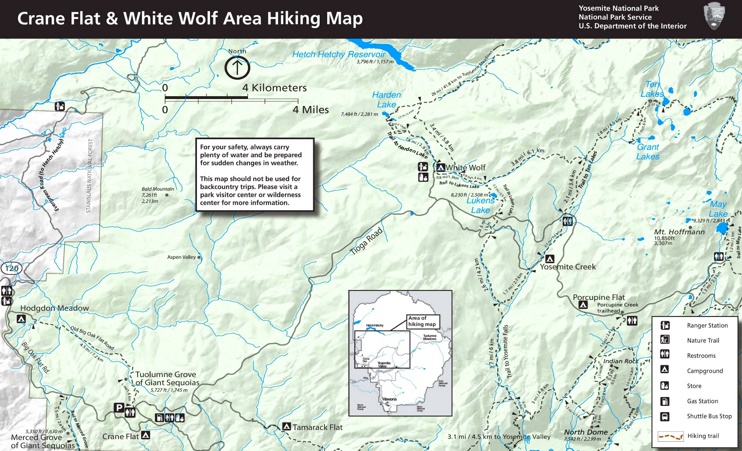 Yosemite Crane Flat and White Wolf area hiking map