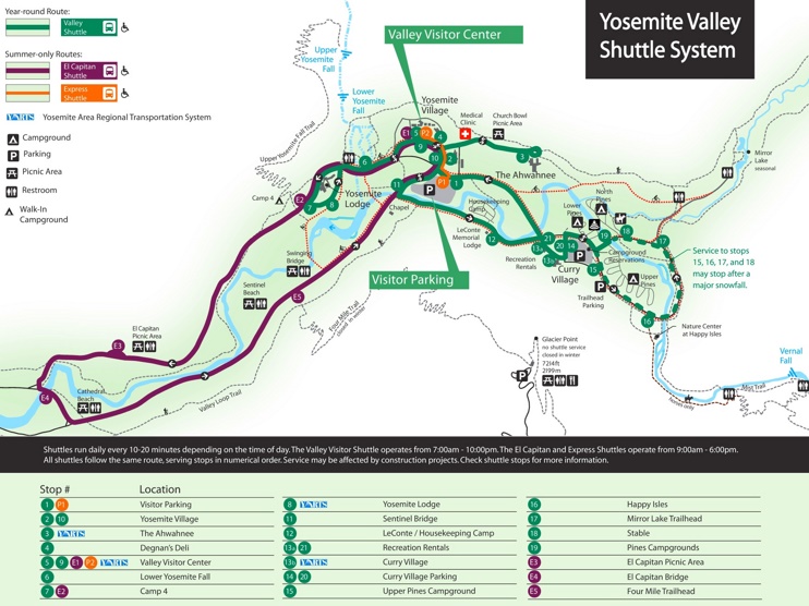Yosemite Valley shuttle bus map