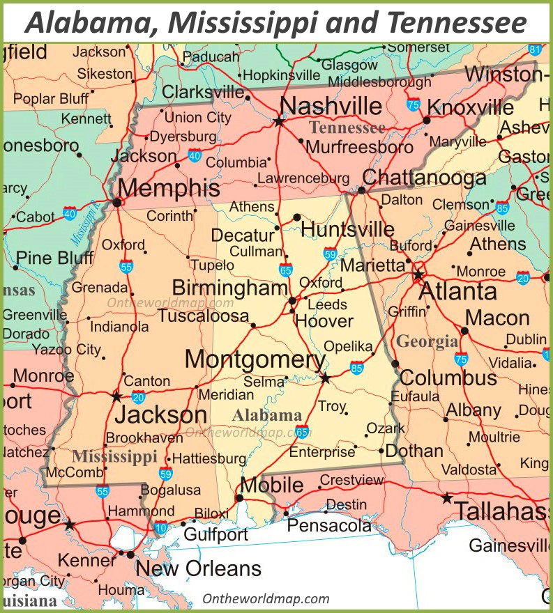 Map of Alabama, Mississippi, Arkansas, and Louisiana, showing